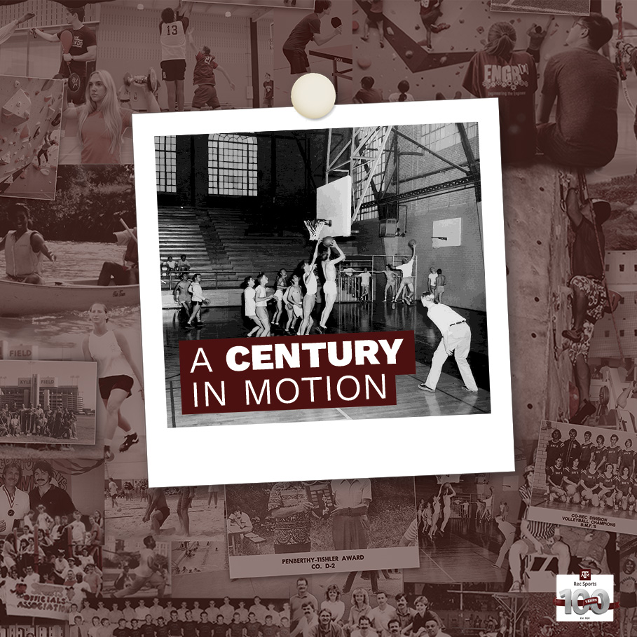 Vintage basketball photo pinned over a collage of historic Rec Sports images with the headline “A Century in Motion,” highlighting 100 years of Rec Sports history.