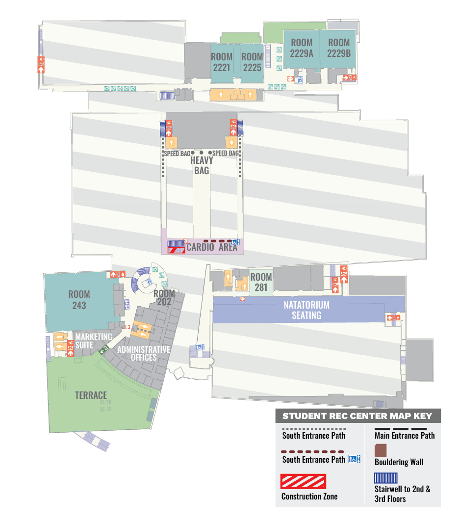 Floor plan of the Student Rec Center showing various rooms, areas, and pathways including cardio section, seating area, administrative offices, and a natatorium. The map includes a key with symbols for paths, stairs, and construction zones.