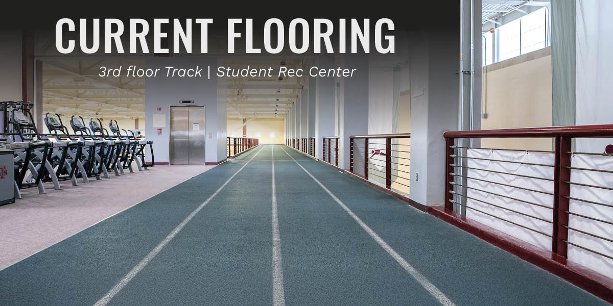 Indoor view of the 3rd floor track at the Student Recreation Center showcasing the current flooring. The track has a vibrant green surface with white lane markings, flanked by exercise machines and a railing. A digital clock on the wall displays the time as 08:31:41.