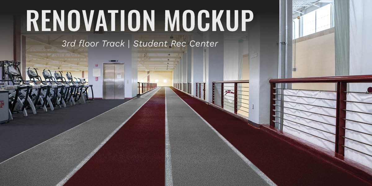 Renovation mockup showing a well-lit indoor track at the 3rd floor of the Student Rec Center, featuring red running lanes and treadmills to the side. The digital clock displays 8:31:14.