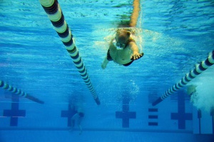 Man swimming freestyle in the Rec Sports natatorium lap pool