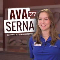 Portrait of Ava Serna ’27 in a blue Rec Sports Intramural Sports polo with text overlay “Leading with Confidence.”