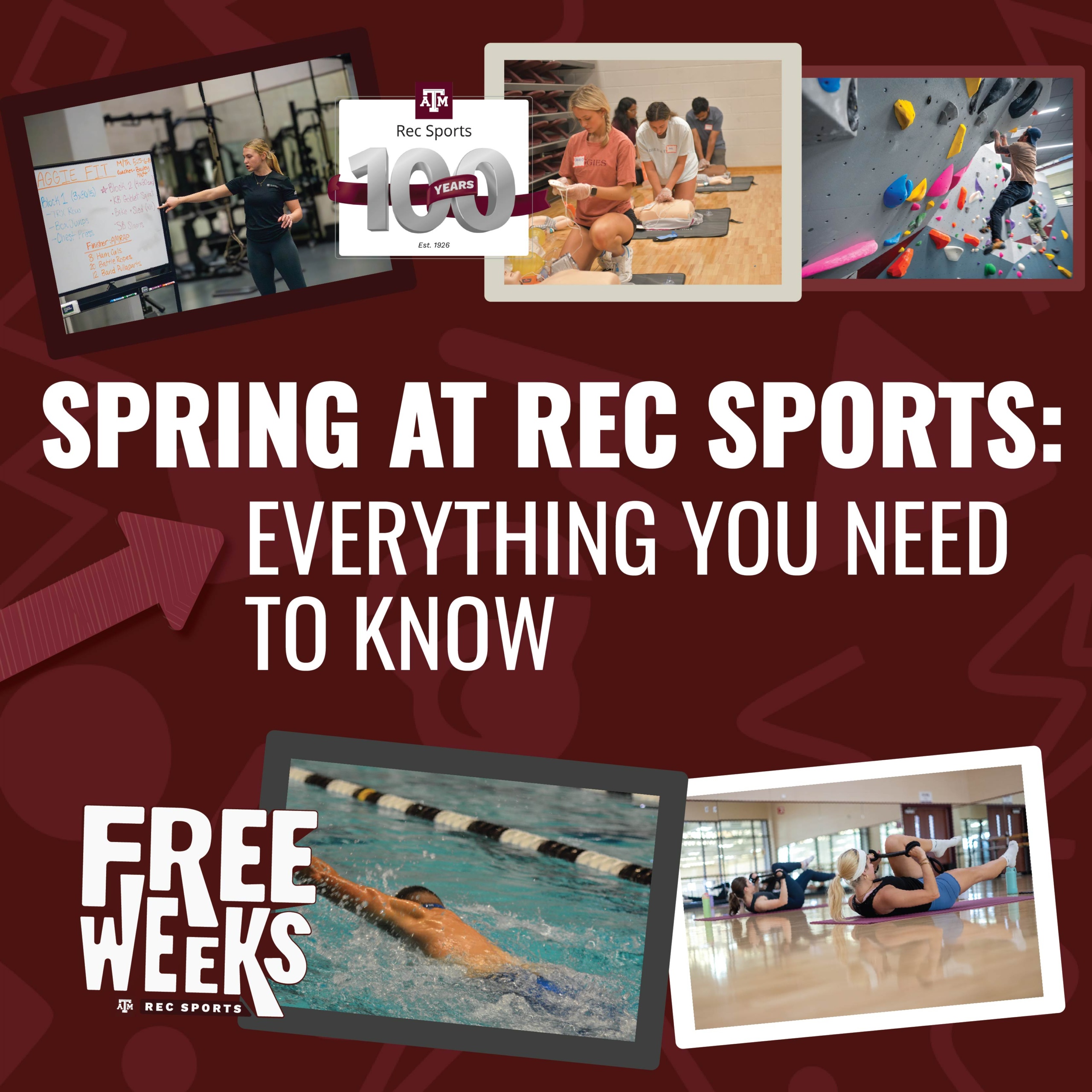 Graphic titled “Spring at Rec Sports: Everything You Need to Know,” featuring photos of fitness classes, CPR training, climbing, swimming, yoga, and Rec Sports Free Weeks activities.