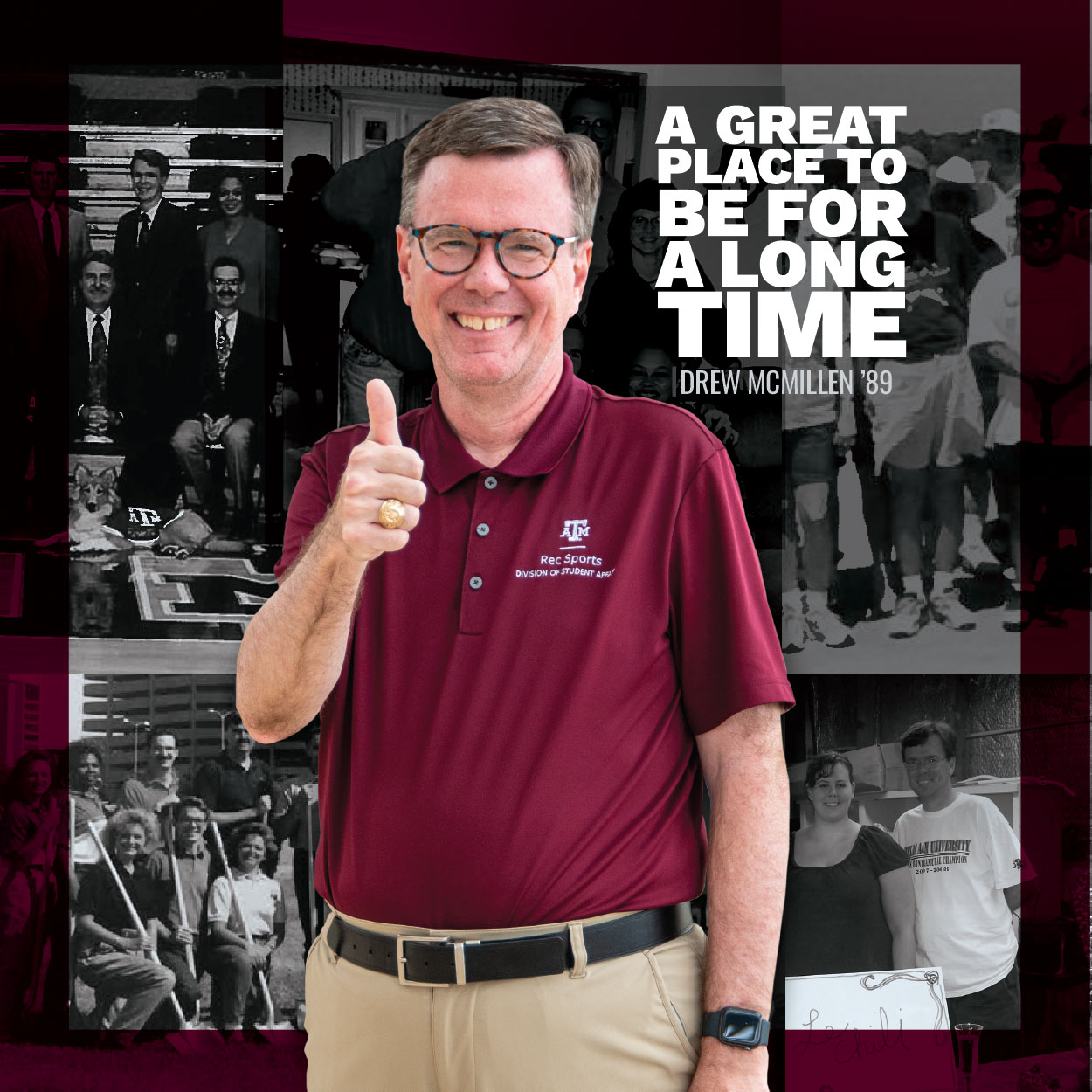 Montage banner featuring three black and white images of people at various events, centered with a color image of a smiling individual wearing a maroon shirt with a lanyard, standing in a gym. The background and text emphasize 'A GREAT PLACE TO BE FOR A LONG TIME' in white letters.