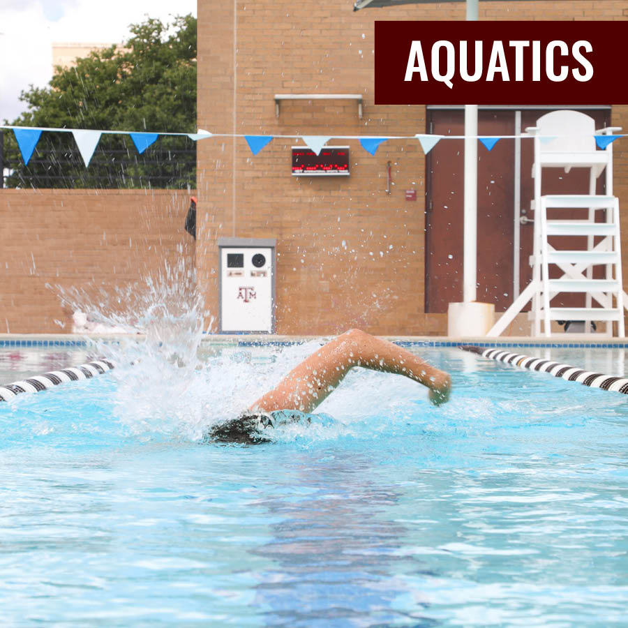Swimmer doing freestyle in an outdoor Texas A&M pool under the title “Aquatics.”