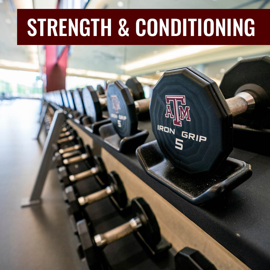 Lots of free lift weights displayed on the proper racks within the Strength & conditioning room at the Student Rec Center. Strength and Conditioning is written in a maroon rectangle in the top right corner.