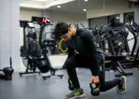 Student performing walking lunges with kettlebells in a fitness center surrounded by exercise equipment.