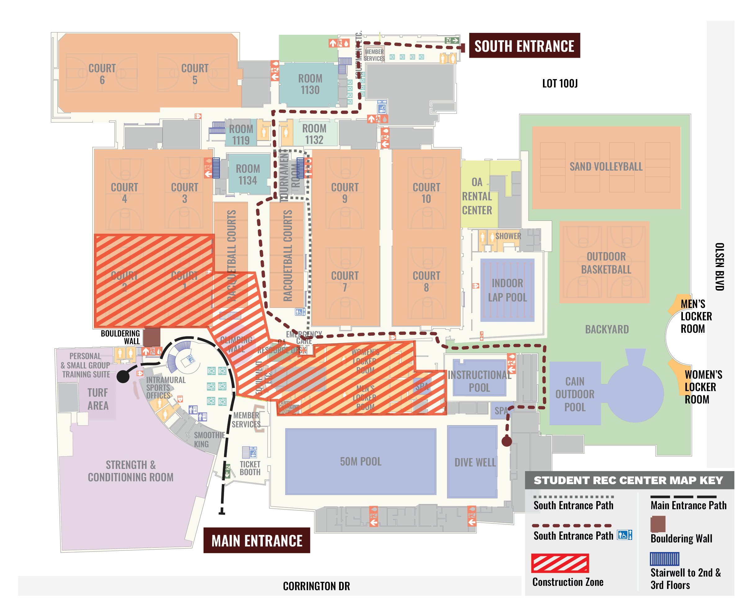 Map layout of a student recreation center featuring various rooms including courts, a pool, strength and conditioning room, and operational rooms. Notable areas are marked with a main entrance and a south entrance. Adjacent to the building is a labeled outdoor volleyball court and basketball area. A key for the map indicates entrances, paths, and exits.