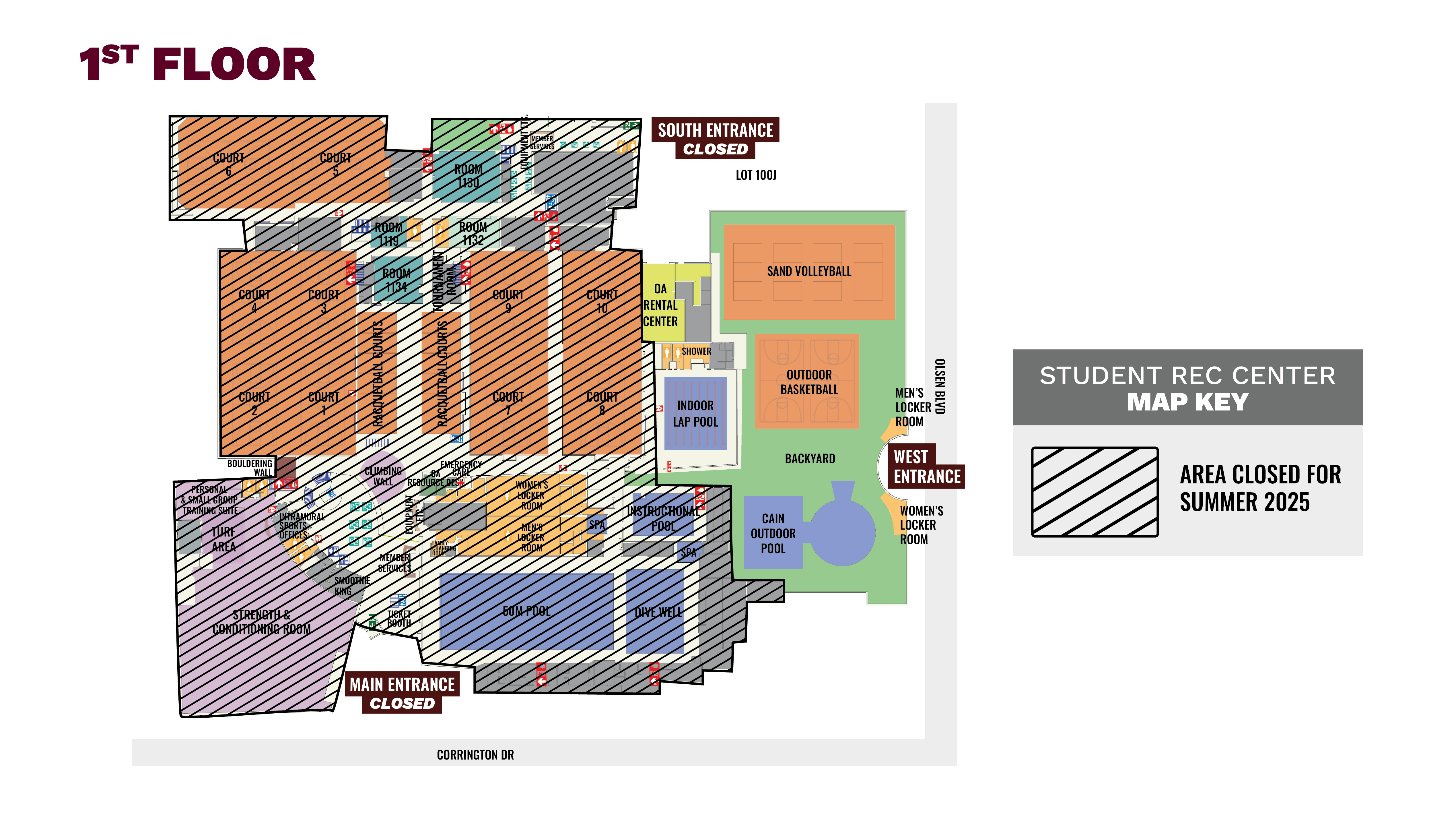 Map of the Student Recreation Center at Texas A&M. Highlights the backyard of the facility, showing that main and south entrances are marked as closed and the west entrance will be open. Displays areas that are closed for the summer marked off with diagonal black lines.