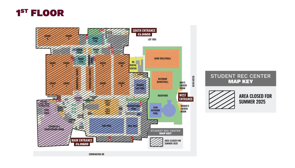 Map of the Student Recreation Center at Texas A&M. Highlights the backyard of the facility, showing that main and south entrances are marked as closed and the west entrance will be open. Displays areas that are closed for the summer marked off with diagonal black lines.