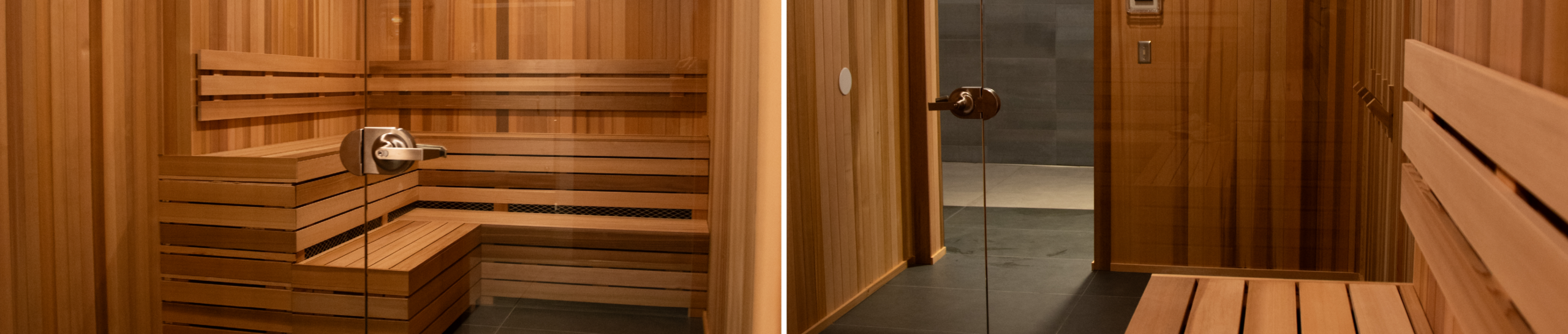 Interior view of a newly renovated sauna at the Student Rec Center, featuring wood benches, warm lighting, and a glass door entrance.