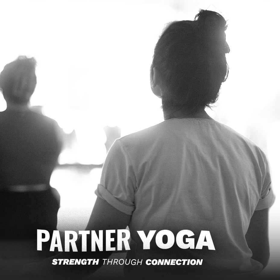 Silhouetted individuals practicing Partner Yoga with the text 'Strength Through Connection' overlaying the image.