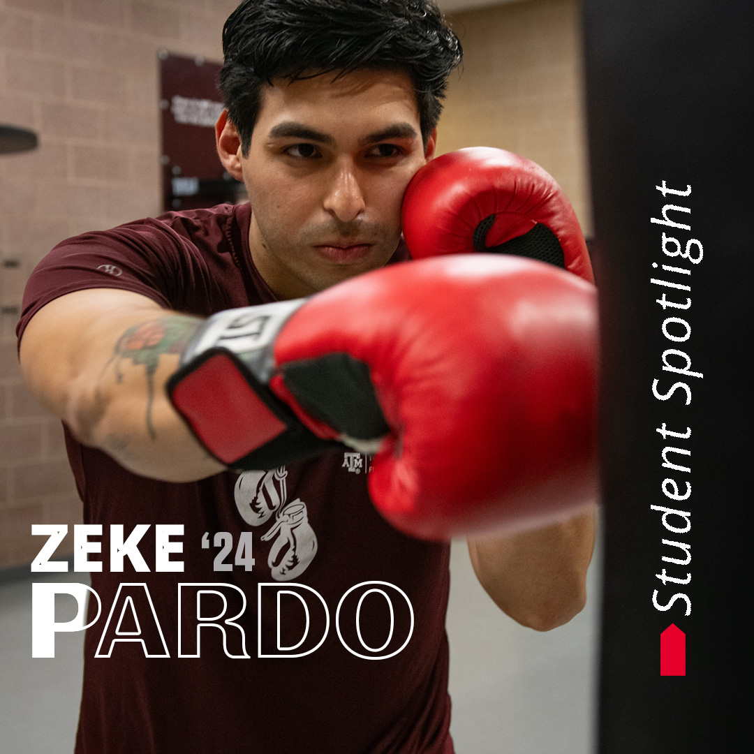 Zeke is standing in the boxing room in the student rec center with boxing gloves on punching a punching bag. His name Zeke Pardo '24 is written on top of the image.