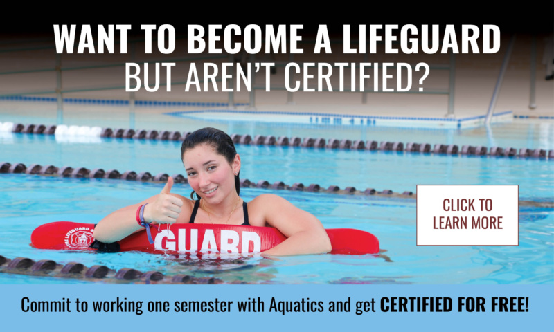 Advertisement for free lifeguard certification with Aquatics. Features a person in a pool giving a thumbs up, wearing a cap labeled 'GUARD'. Text on the image reads, 'Want to become a lifeguard but aren't certified?' and offers a click-through option to learn more about the certification program.