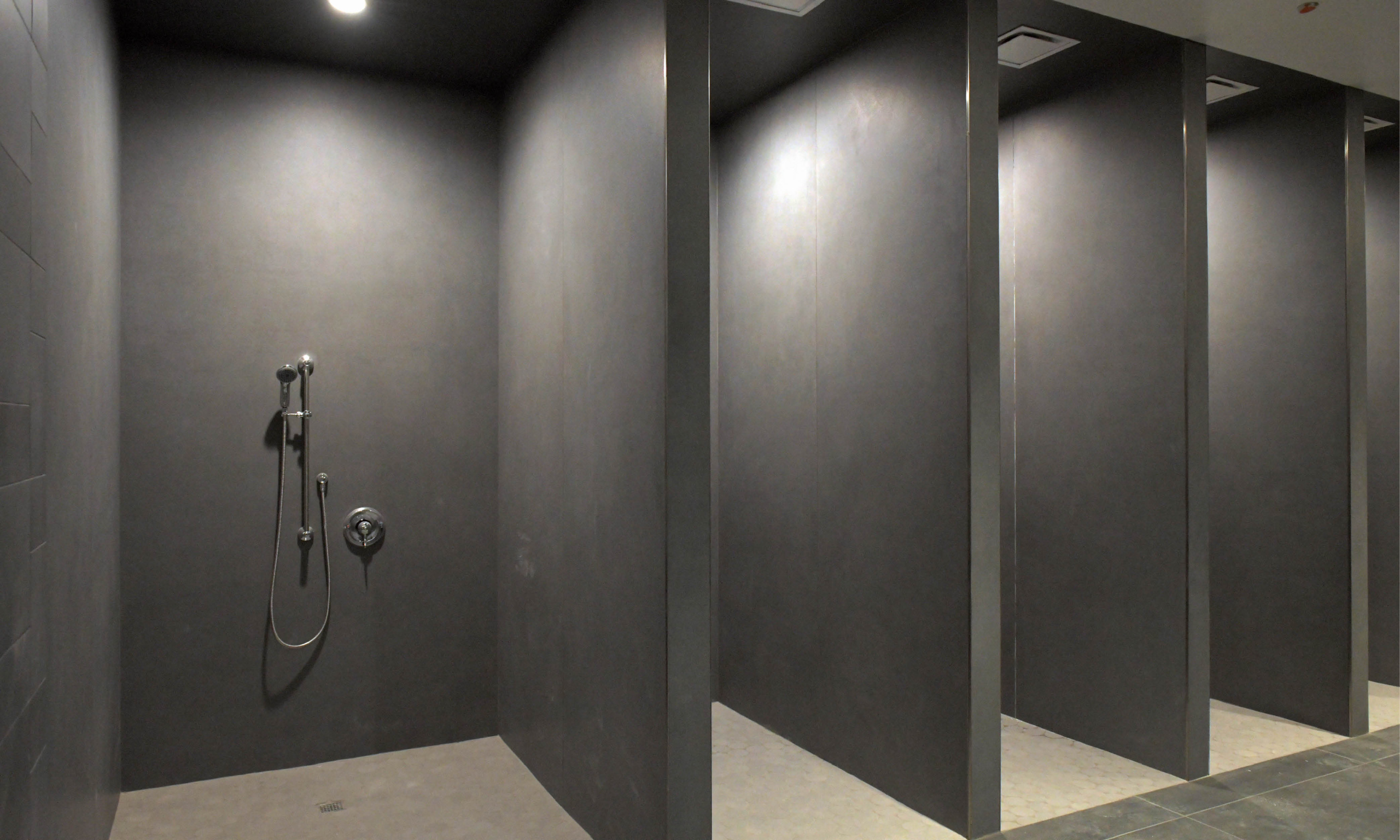 Multiple shower stalls with dark tile and one stall featuring a handheld showerhead.