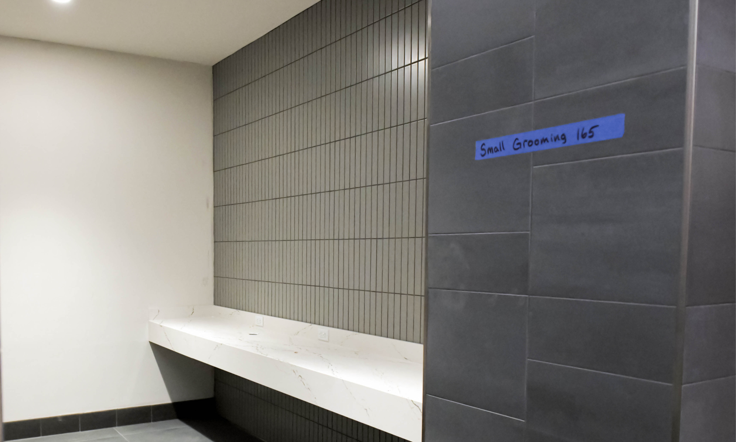 Grooming area with a long marble countertop and tiled accent wall in the renovated locker room.