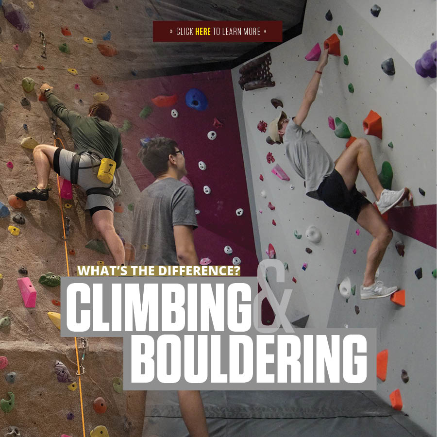What is the difference between climbing and bouldering? Background photos include woman climbing the rockwall and a student watching another student climbing the bouldering wall in the Southside Rec.