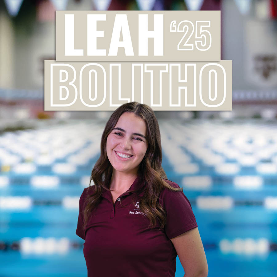 Portrait of a smiling individual named Leah Bolitho, class of 2025, wearing a maroon polo shirt with a swimming pool in the background.