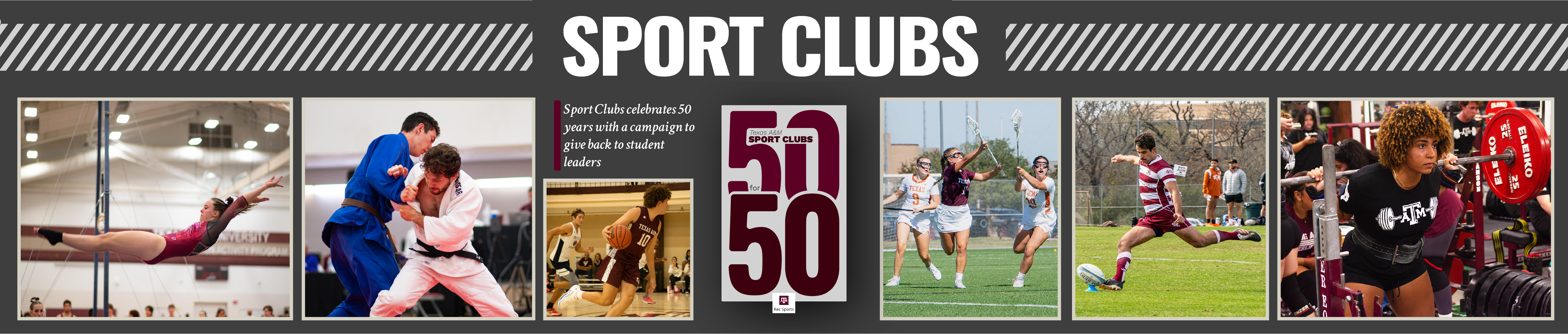 Banner titled 'SPORT CLUBS' with a collage of various sports activities including soccer, judo, gymnastics, baseball, rugby, equestrian, and swimming, celebrating 50 years of the organization.