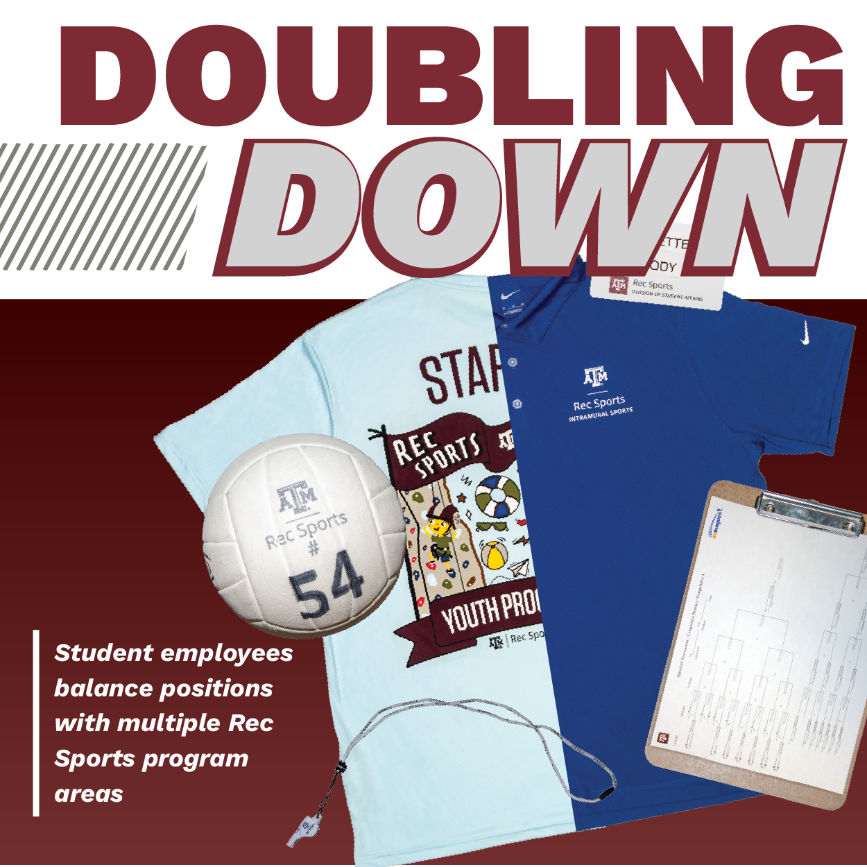 Promotional banner titled 'Doubling Down' featuring various items like t-shirts, a clipboard, and a whistle related to Rec Sports program areas, highlighting the multiple roles of student employees.