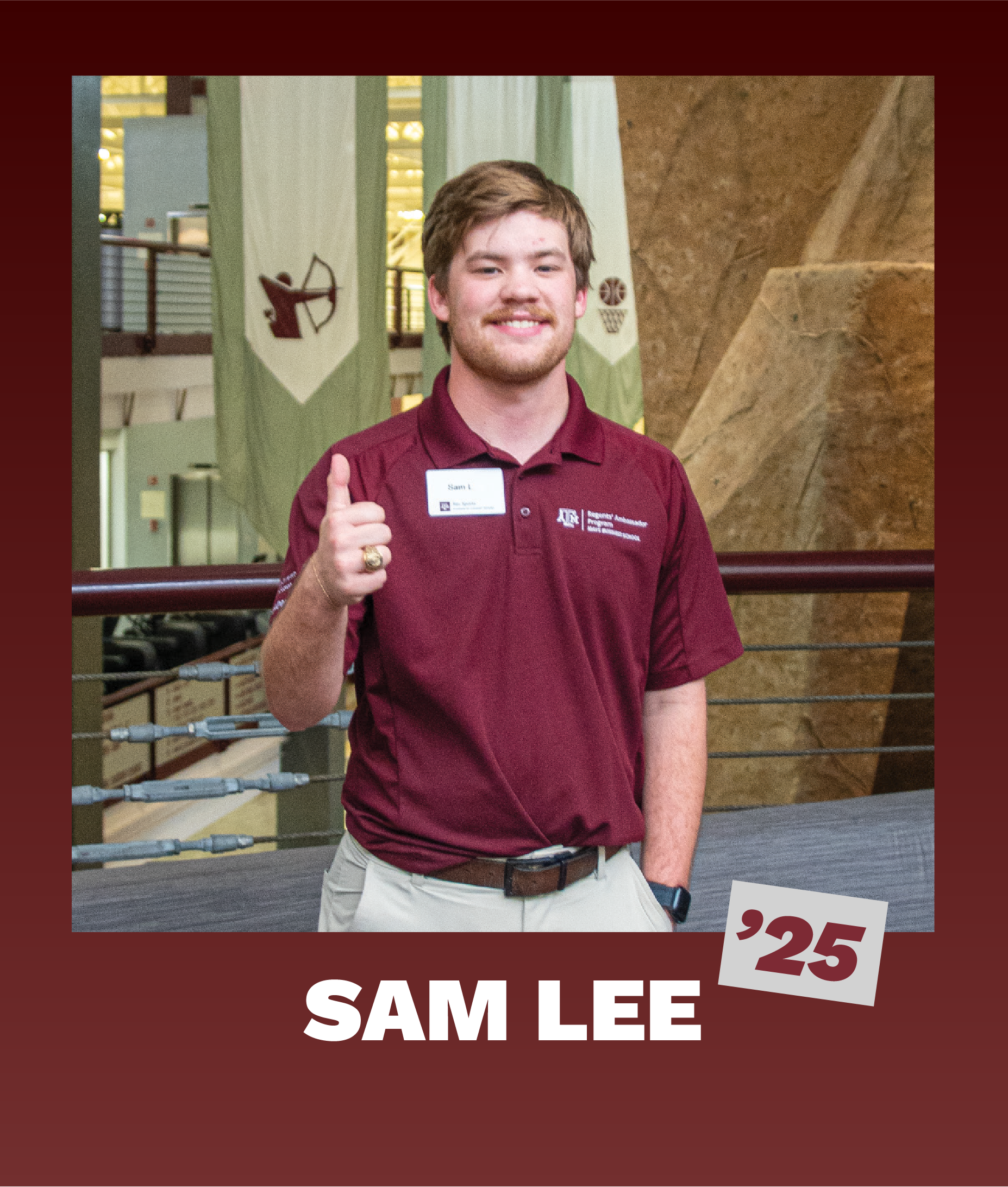 Sam Lee, wearing a maroon Texas A&M Rec Sports polo, giving a thumbs up in the Student Rec Center lobby with banners in the background.