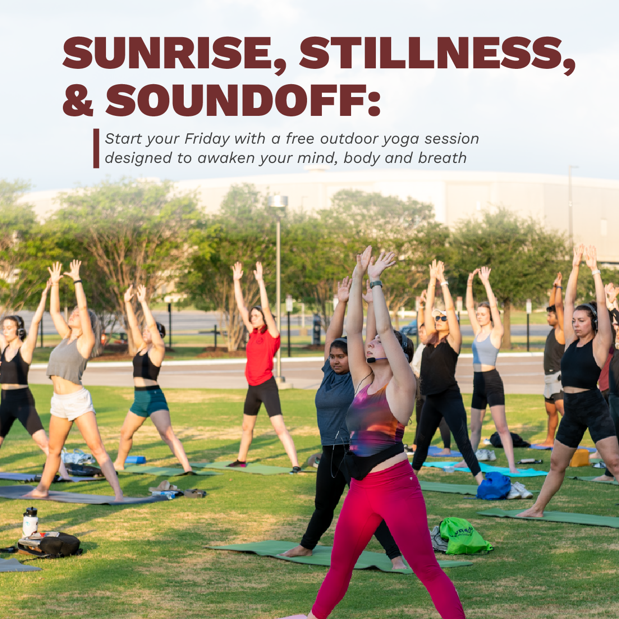 Group of individuals participating in an outdoor yoga session at sunrise, promoting mental and physical well-being.