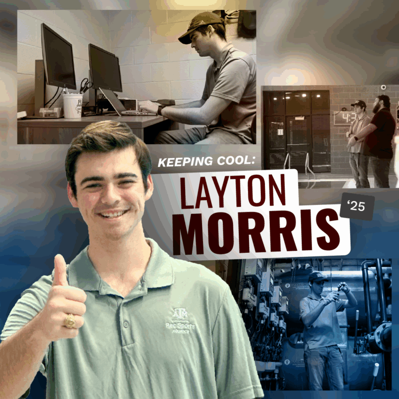 “Graphic featuring Layton Morris ’25 giving a thumbs-up, with smaller photos of him working at a computer and inspecting mechanical equipment, titled ‘Keeping Cool: Layton Morris.’”