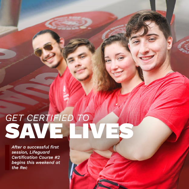 Four individuals in Texas A&M lifeguard uniforms smiling in front of red paddleboards with the 'Get Certified to Save Lives' text and details about a lifeguard certification course.