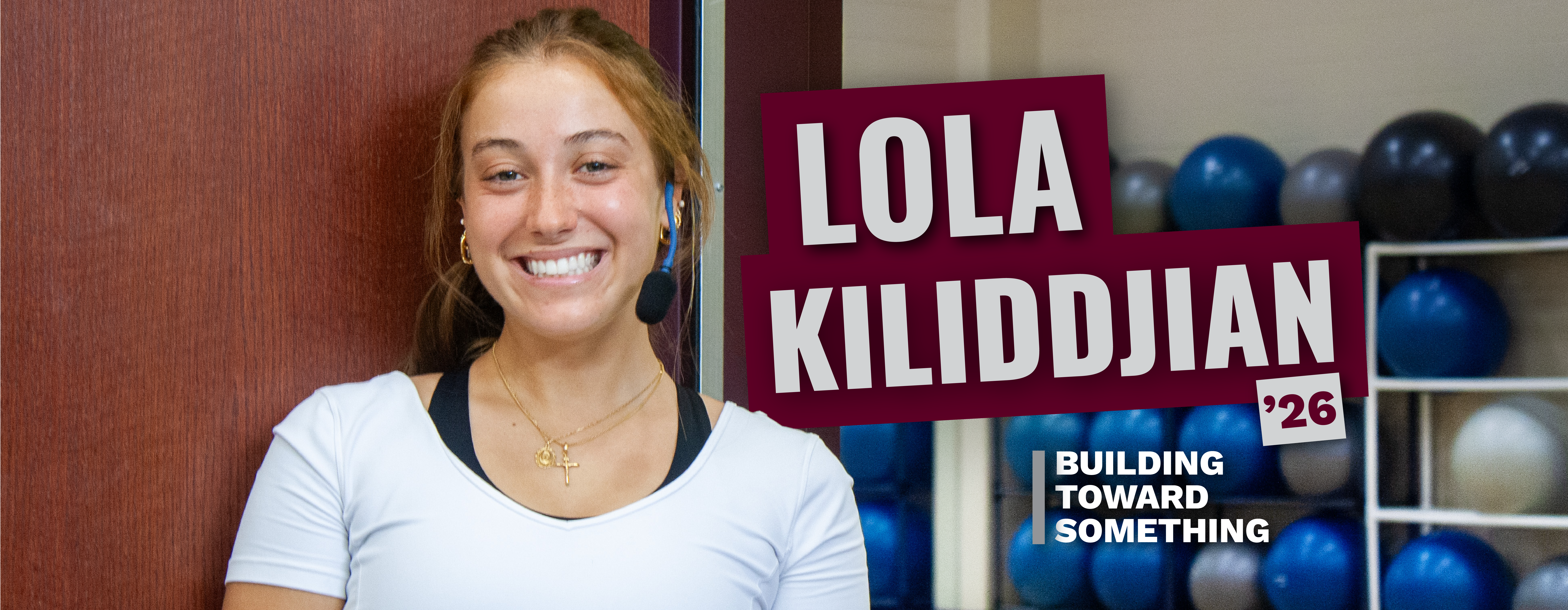 Generate by AI Assist Portrait of a smiling individual wearing a headset next to a text block stating 'Lola Kilidjian '26' and 'Building Toward Something'.”