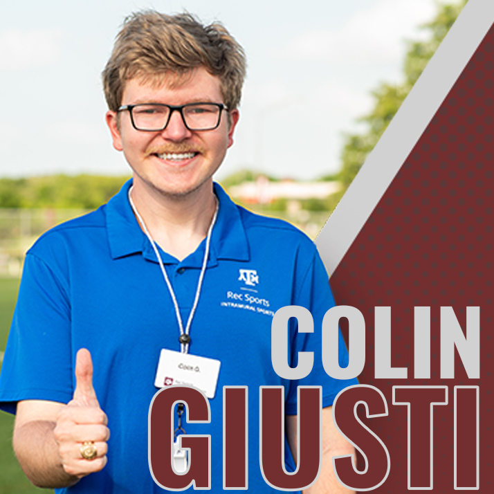 Colin Giusti is standing out on the Penberthy Rec SPorts Complex field wearing is Intramural Sports pol and giving a thumbs up. To the right of him his image states his name "Colin Giusti".