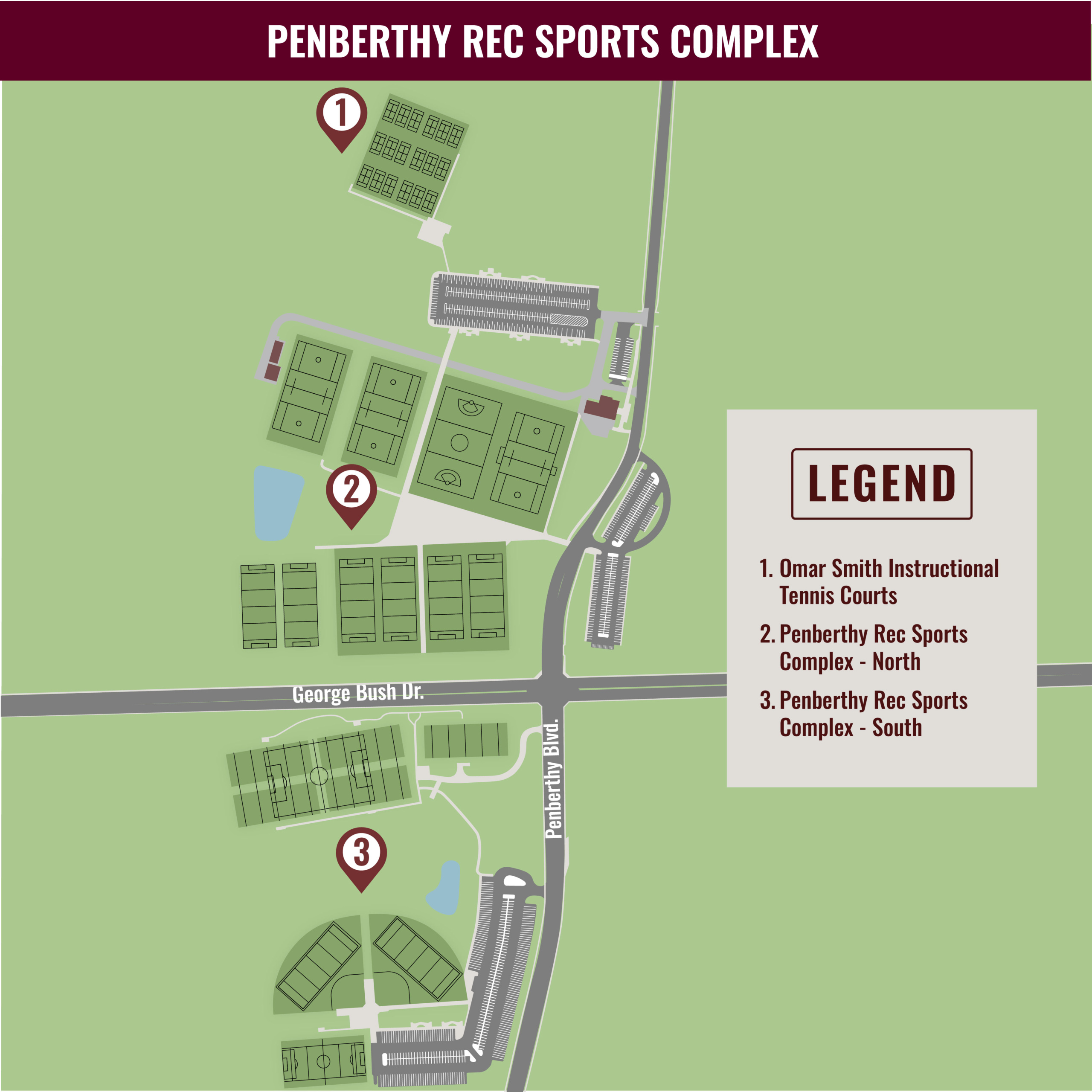 Map of Penberthy Rec Sports Complex featuring Omar Smith Instructional Tennis Courts and Penberthy Rec Sports Complex - South. The map includes roads, pathways, and building layouts, with a legend explaining labeled areas.