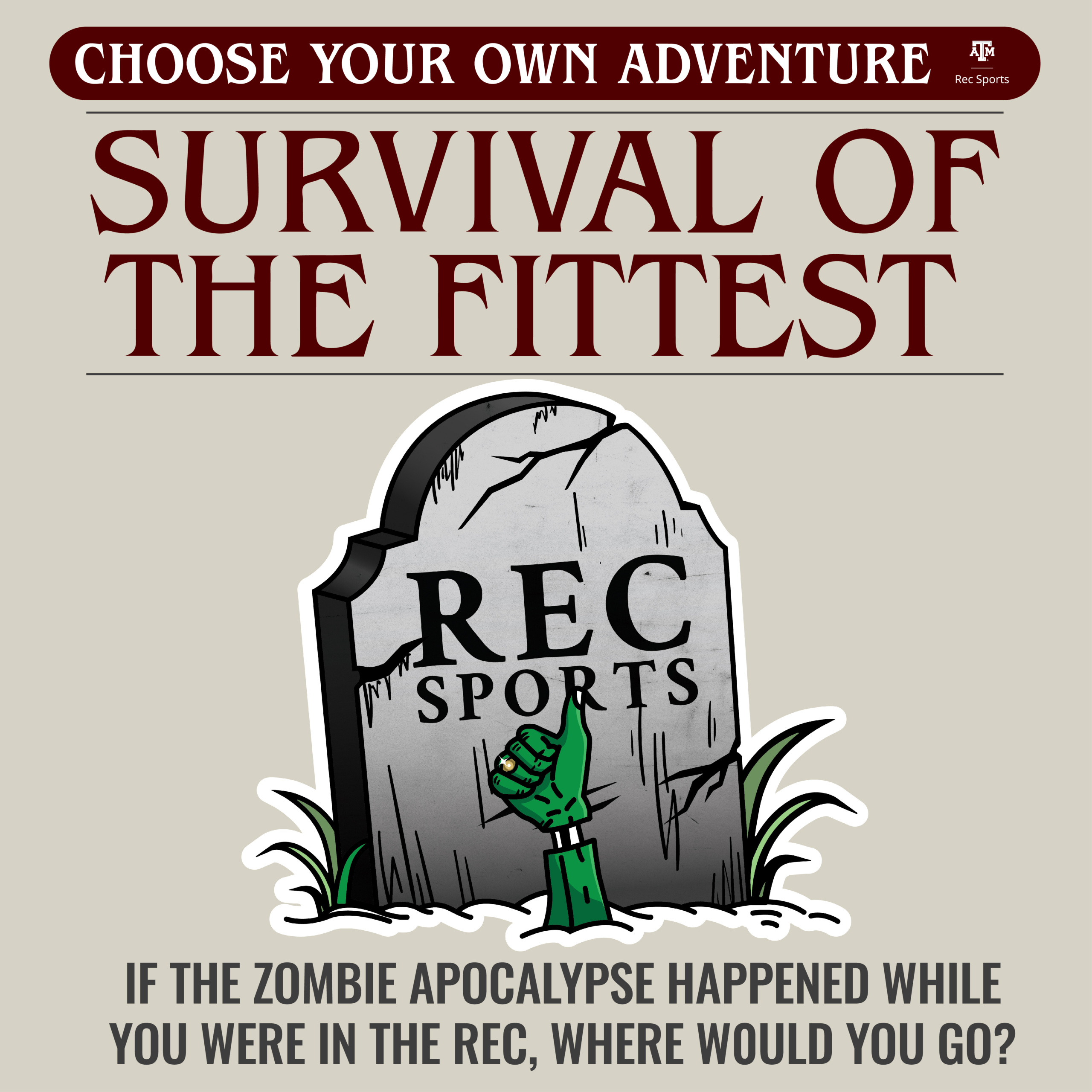 Banner for 'Choose Your Own Adventure: Survival of the Fittest,' depicting a scenario of a zombie apocalypse at a recreational sports facility, with a stylized gravestone and a zombie hand emerging from the ground.