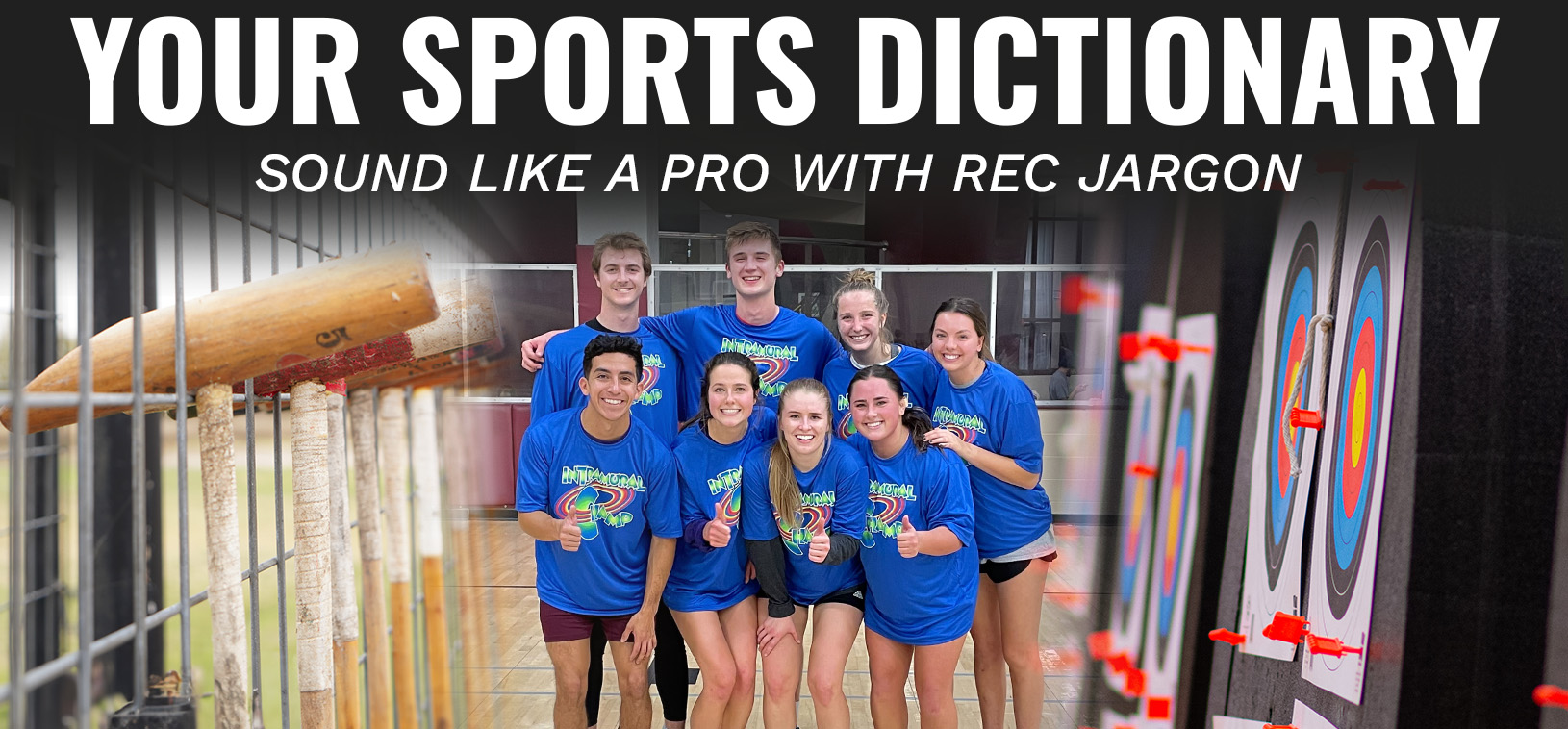 A group of seven individuals wearing 'Minnesota Rec' t-shirts posing happily in a gymnasium, displaying various sports equipment. The image includes a title, 'Your Sports Dictionary', encouraging the use of recreational jargon.