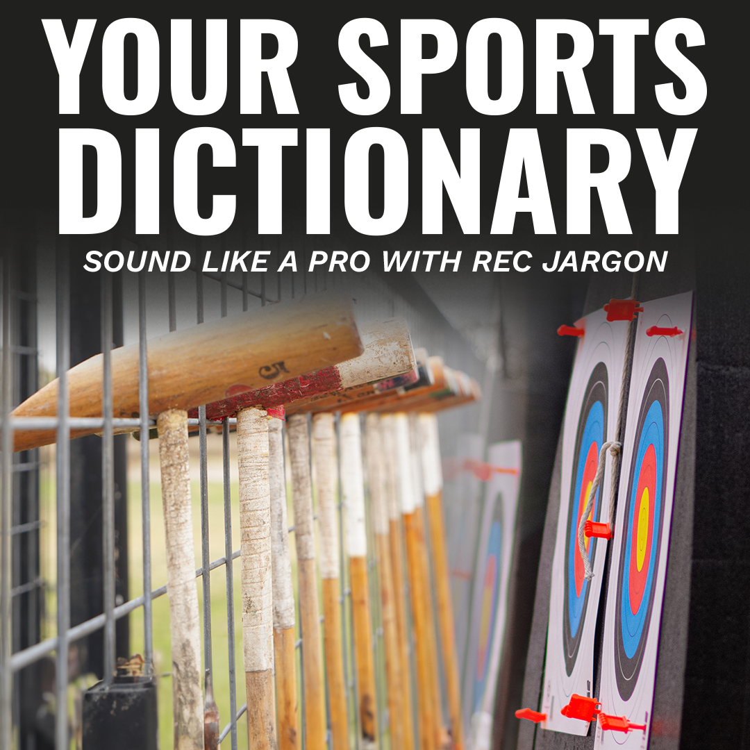 Promotional image for 'Your Sports Dictionary' featuring a collection of sports equipment including a baseball bat and archery targets, with the text 'Sound Like A Pro With Rec Jargon' overlaid.