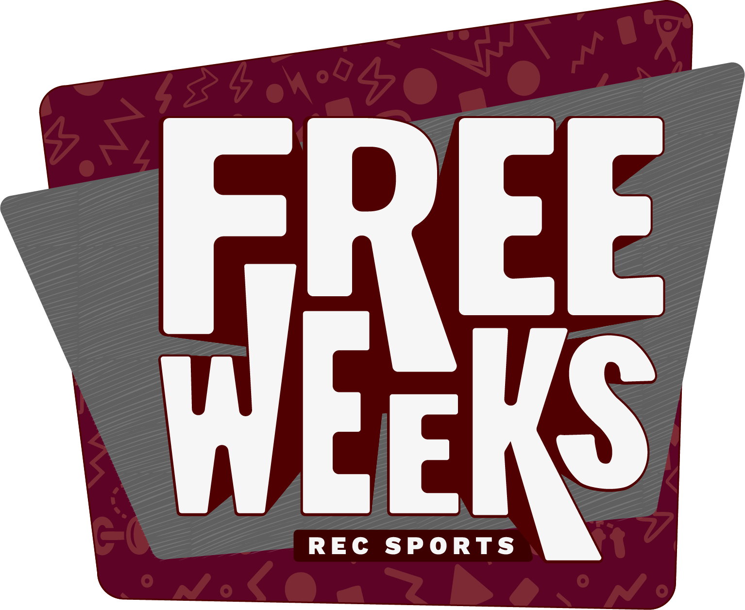 Logo of "Rec Sports Free Weeks" featuring bold white letters on a maroon background with geometric patterns.
