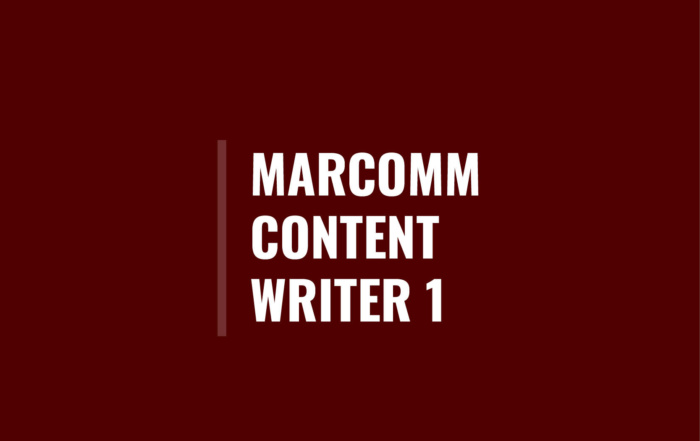 Graphic with maroon background and white bold text reading “Marcomm Content Writer 1” with a vertical maroon line to the left of the text.