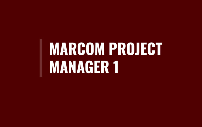 Graphic with maroon background and white bold text reading “Marcomm Project Manager 1” with a vertical maroon line to the left of the text.