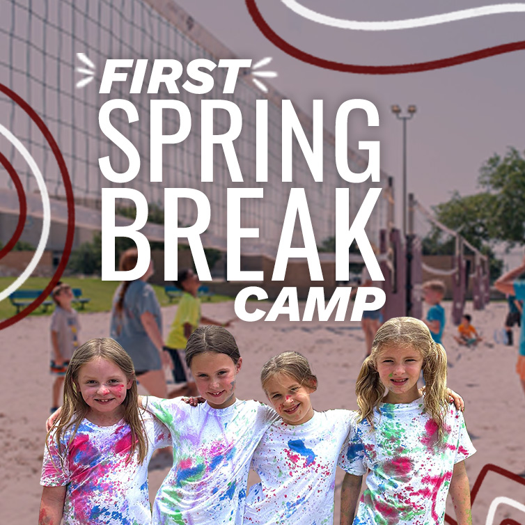 Promotional image for the FIRST Spring Break Camp featuring children smiling at a beach volleyball court, all wearing colorful tie-dye T-shirts.