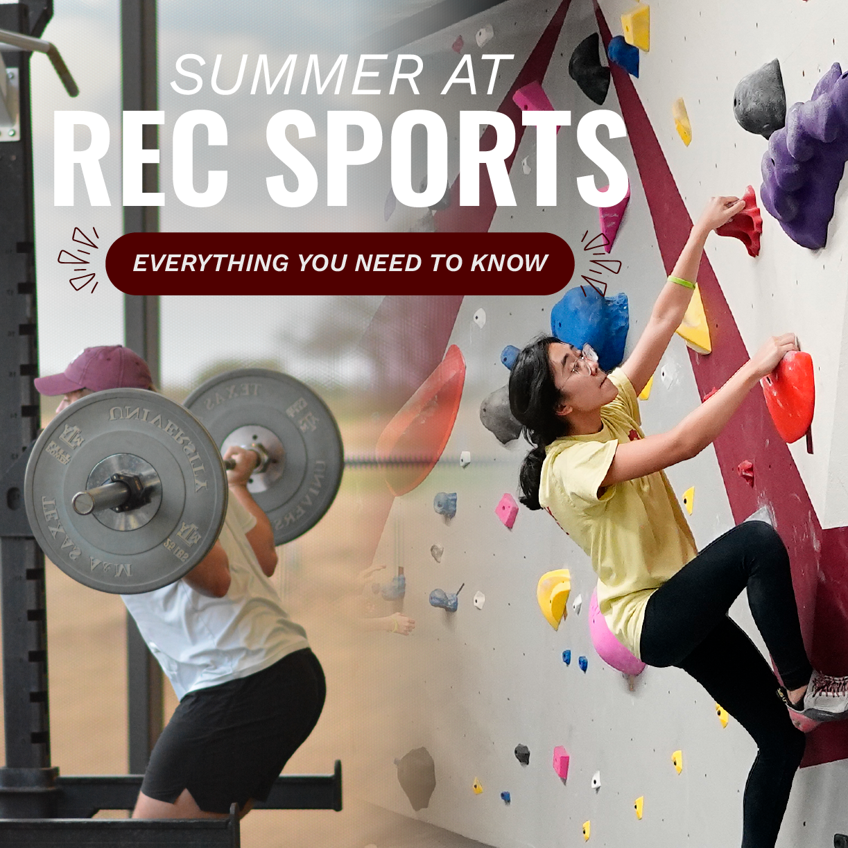 Promotional image for Summer at Rec Sports, featuring an individual climbing a colorful indoor rock wall and another lifting weights in the background.