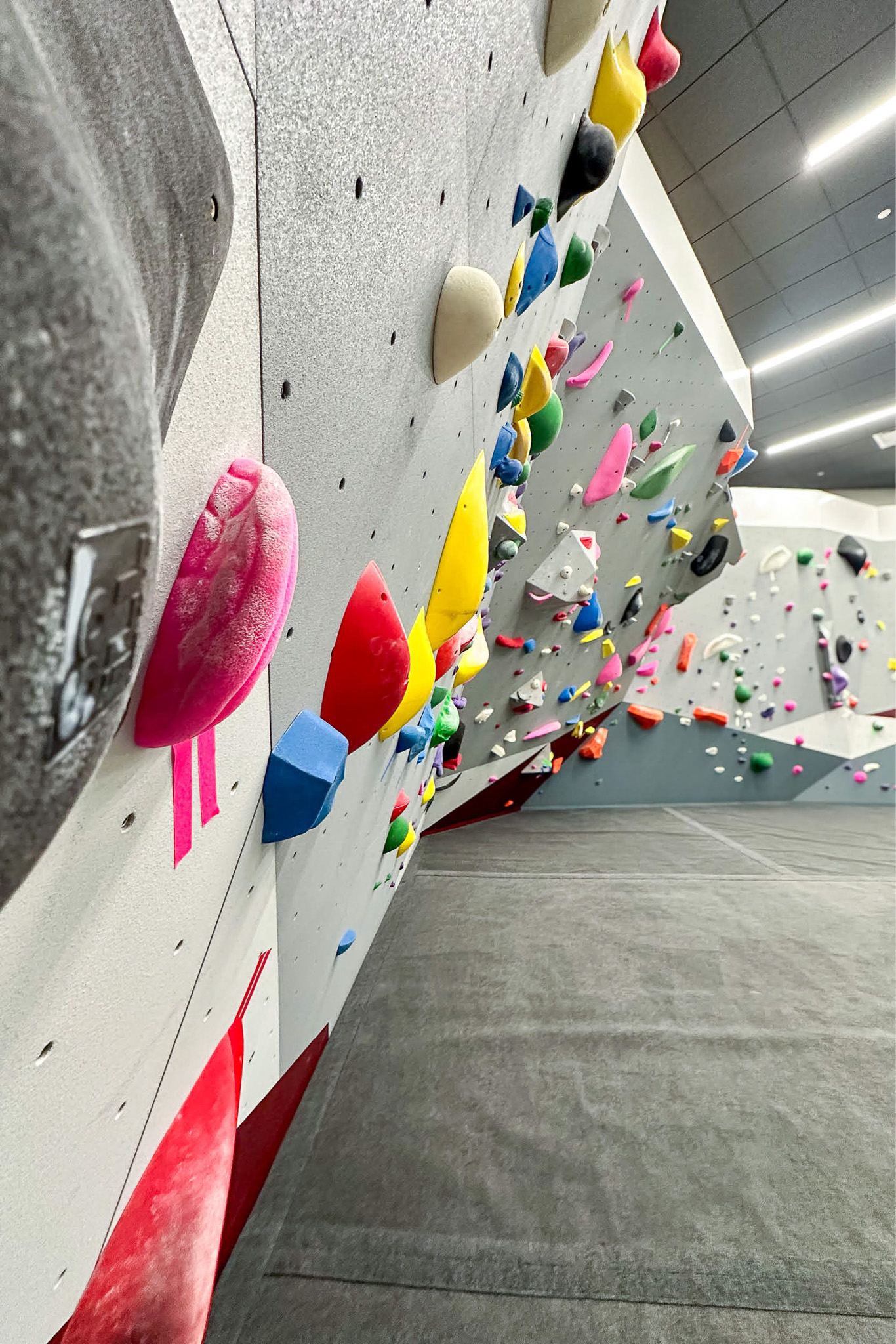 Front view of the new bouldering wall at Texas A&M Rec Sports with bright, multicolored holds and varied climbing routes.