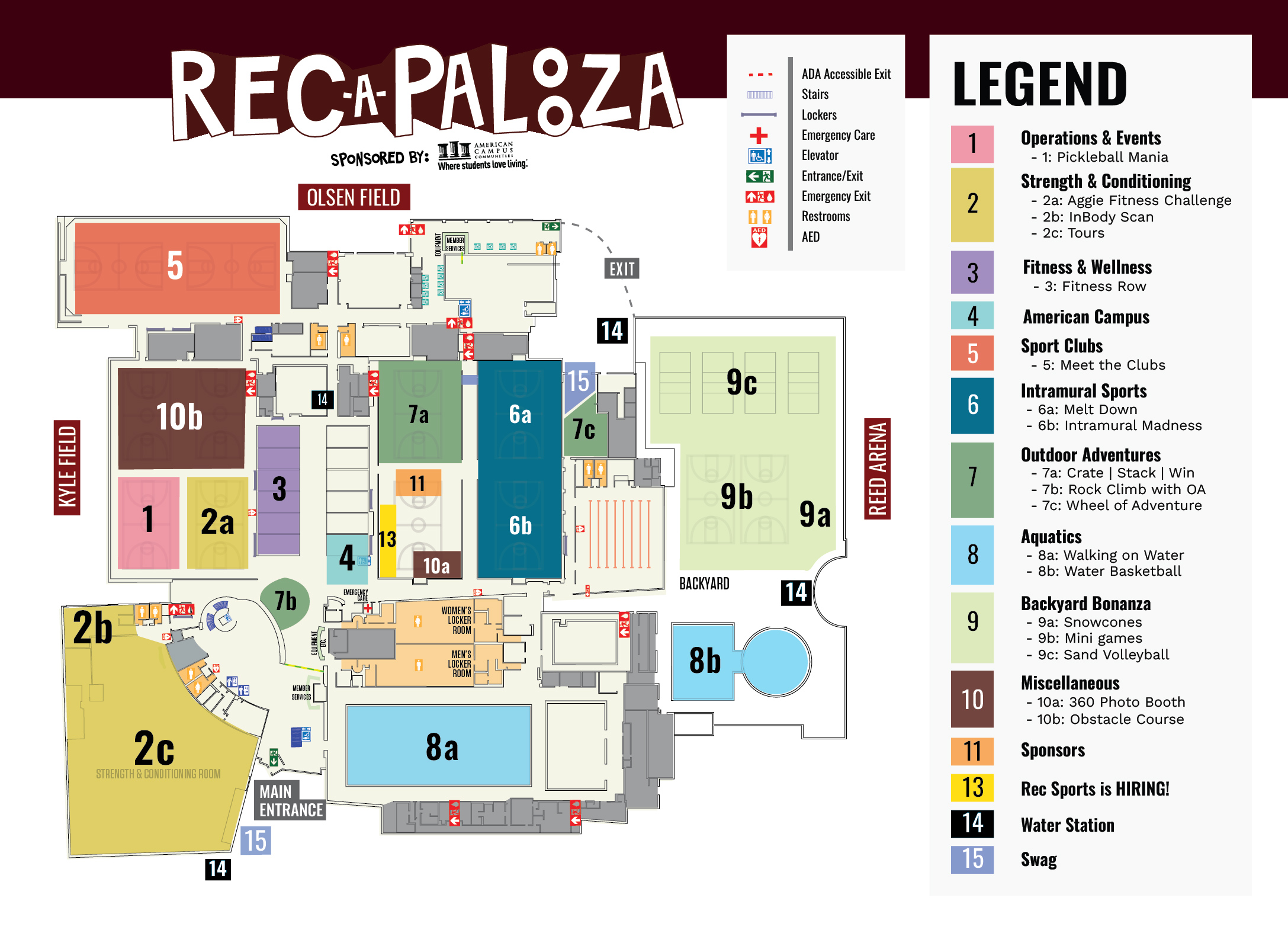 Map of a festival called "REC-a-PALOoZA" depicting various event zones labeled A through F and additional buildings numbered 1 through 15 surrounded by different activity zones. Highlighted features include Legends & Events, Strength & Fitness, Aquatics, General Recreation, Outdoors, Backpacking, and miscellaneous games. Each area is marked clearly with icons corresponding to activities like indoor sports, swimming, chats, and team challenges. The map also includes a legend explaining the symbols used for different facilities and event highlights like Rock Climbing Challenge and Outdoor Volleyball. Text on the map includes titles and descriptions for areas, activity schedules, and sponsor names.