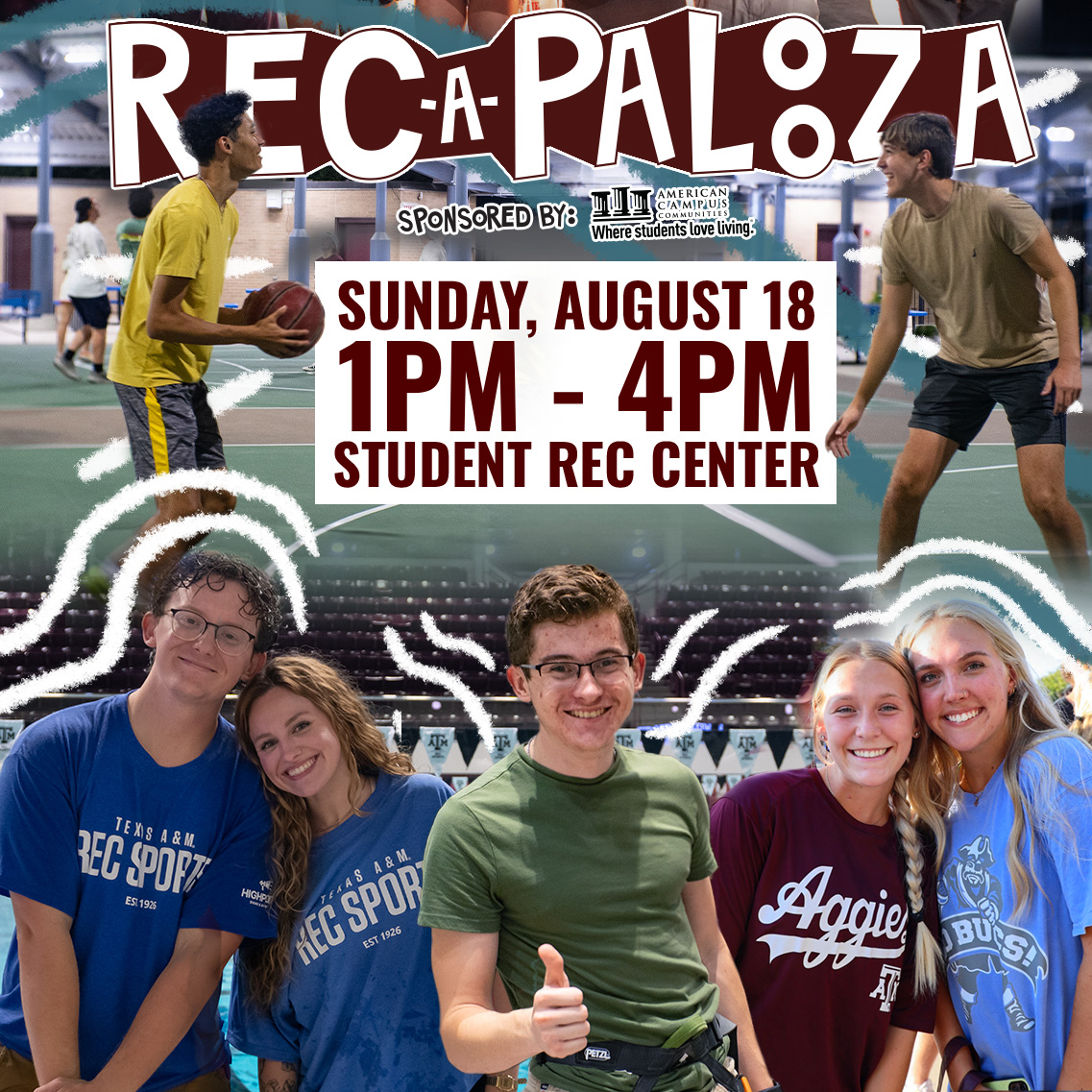 Promotional poster for "REC-A-PALOOZA" event at the Student Rec Center on Sunday, August 18 from 1 PM to 4 PM, sponsored by 11. Features multiple photos of college students engaging in various recreational activities like playing basketball, posing happily, and cheering. They are in casual and athletic wear, alongside decorative balloons in one of the scenes.