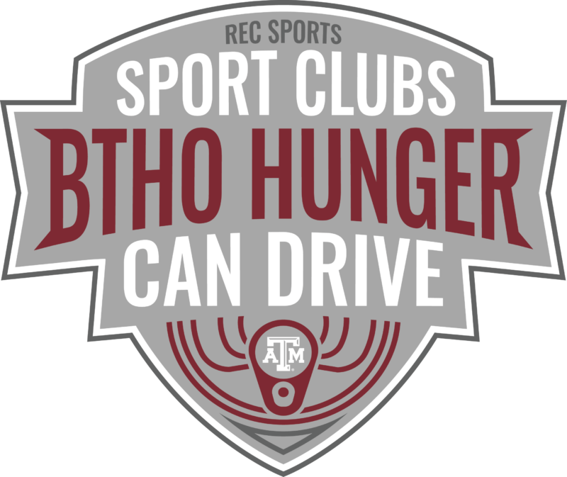 Logo for Rec Sports Sport Clubs BTHO Hunger Can Drive featuring Texas A&M University's logo, designed with a red and gray color scheme.