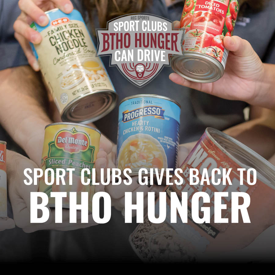 Several hands holding canned food items such as chicken noodle soup, peaches, and other canned goods, promoting the Sport Clubs' "BTHO Hunger" initiative.