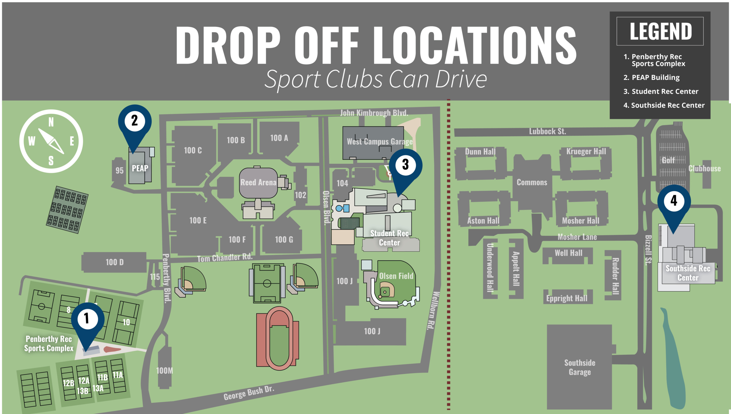 Map showing drop-off locations for a "Sport Clubs Can Drive" at Penberthy Campus, including Penberthy Sports Complex, PEAP Building, and Student Rec Center with corresponding numbered legends and directional compass.