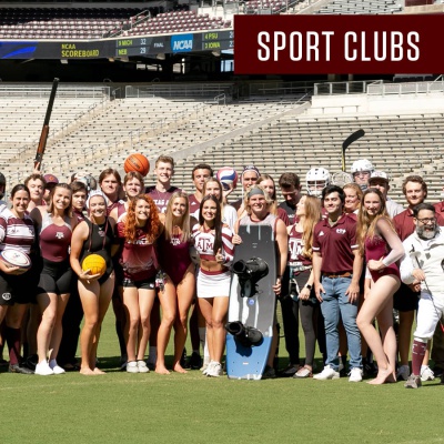Lots of students are in their sport club uniforms standing on kyle field. In the top right corner in a maroon rectangle it says Sport Clubs.