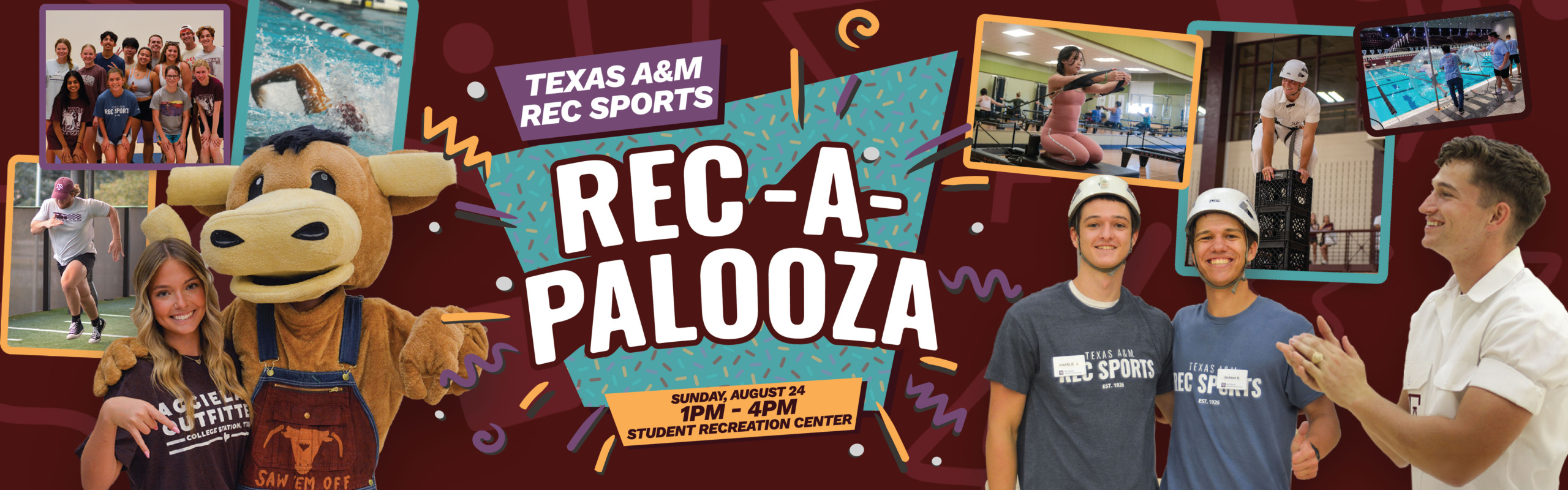 Banner for Texas A&M Rec Sports' event, Rec-A-Palooza, featuring a mascot, a group of participants in a gym, and other engaged attendees at various recreational activities. The event is scheduled for August 25 from 1 PM to 4 PM at the Student Recreation Center.