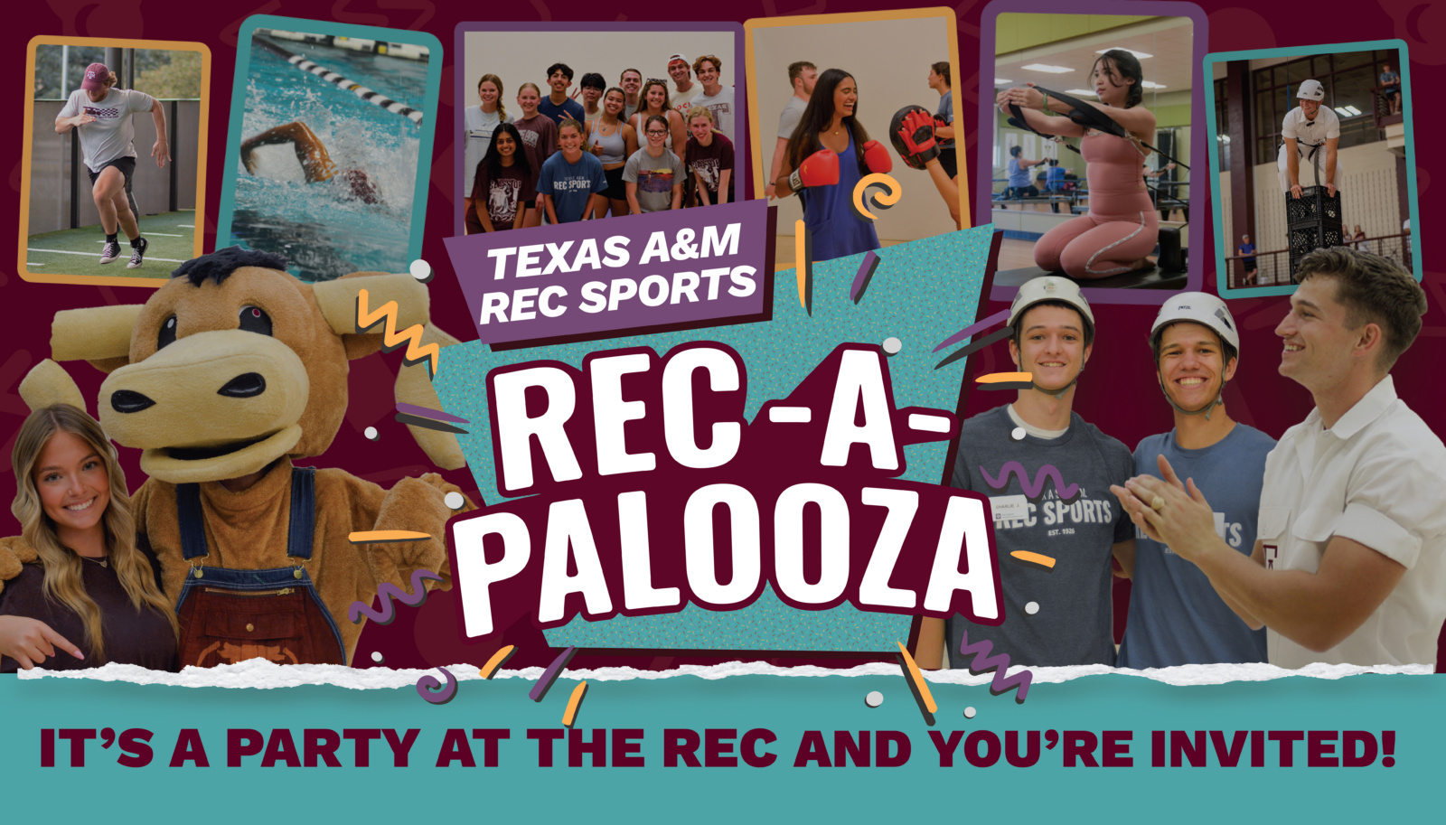 Promotional graphic for Texas A&M Rec Sports Rec-A-Palooza featuring students participating in activities, the Rec Sports mascot and the text “It’s a party at the Rec and you’re invited.”