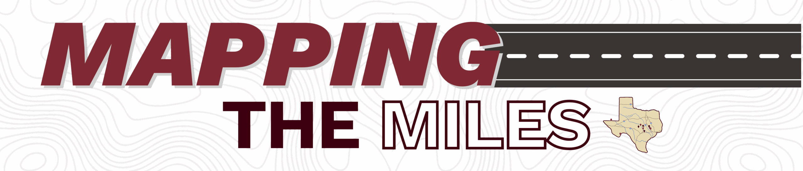 Graphic titled 'Mapping Miles' featuring a stylized map of Texas with various marked locations and routes, set against a black background with wavy white lines. The bottom of the image includes a representation of a road.