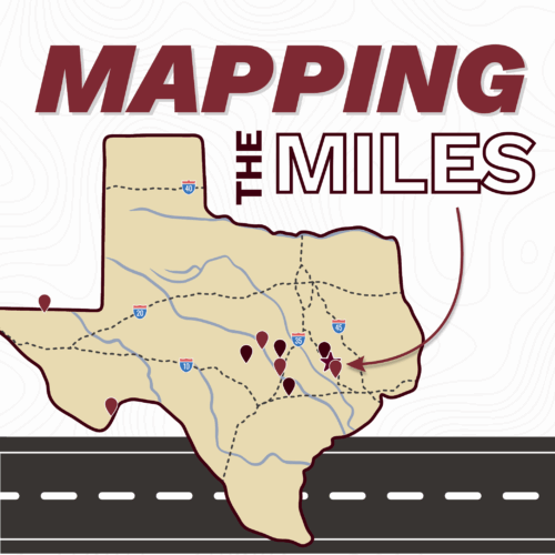 Graphic titled 'Mapping Miles' featuring a stylized map of Texas with various marked locations and routes, set against a black background with wavy white lines. The bottom of the image includes a representation of a road.